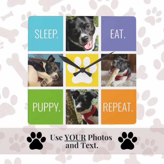Horloge Carrée Dormir de chien mignon Mangez Répétez la modernité (Custom dog photo and text fur mom gift for Mother's Day. Great for animal lovers and pet owners.)