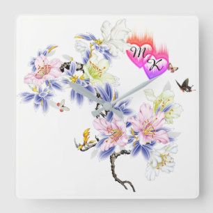 Horloge Carrée Double Coeurs flamboyants Monogrammes avec Fleurs