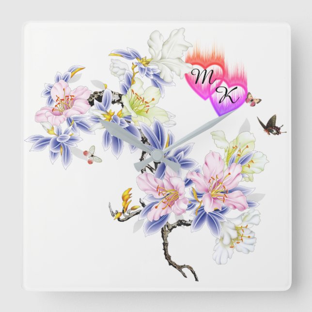 Horloge Carrée Double Coeurs flamboyants Monogrammes avec Fleurs (Recto)