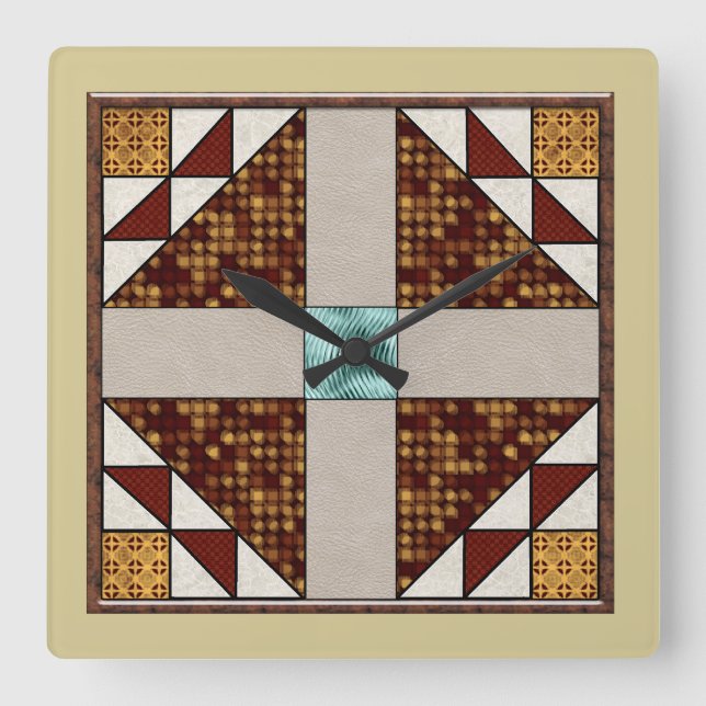 Horloge Carrée Dove in Window Quilt Block Brown Crème pas de nomb (Recto)