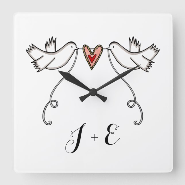 Horloge Carrée Doves blanches personnalisées Mariage Cadeau Acryl (Recto)