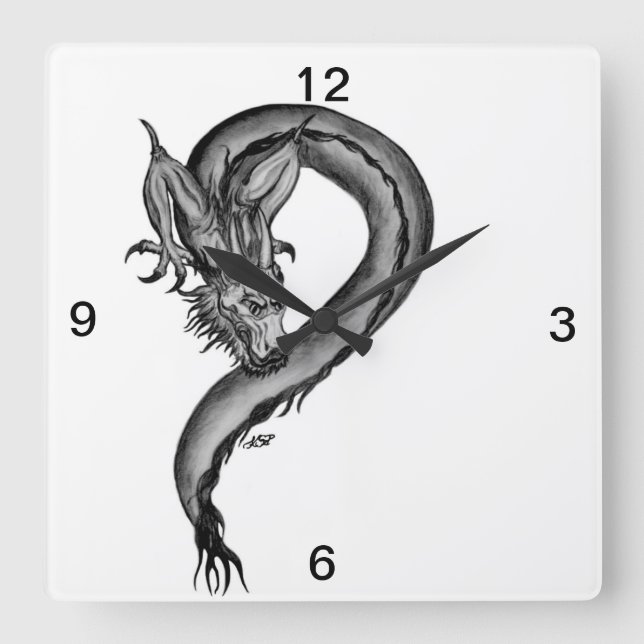Horloge Carrée Dragon black and white Design (Recto)