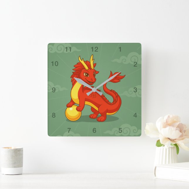Horloge Carrée Dragon Chinois Rouge sur Fond Vert (Maison)