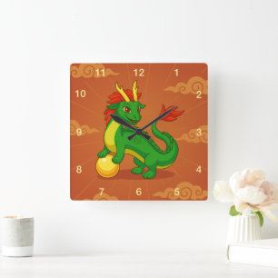 Horloge Carrée Dragon Chinois Vert sur Fond Rouge