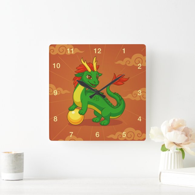Horloge Carrée Dragon Chinois Vert sur Fond Rouge (Maison)