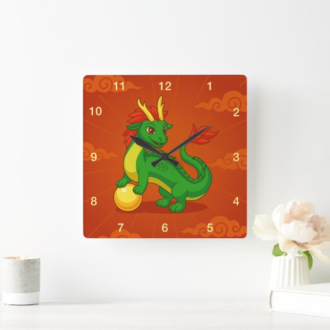 Horloge Carrée Dragon Chinois Vert sur Fond Rouge (Maison)