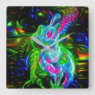 Horloge Carrée Dragon de lapin psychédélique à Neon Imaginaire