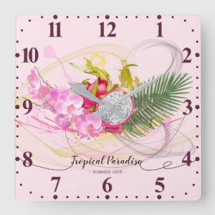 Horloge Carrée Dragon Fruit et rose Orchid Tropical