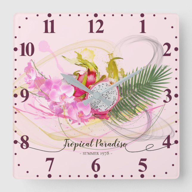Horloge Carrée Dragon Fruit et rose Orchid Tropical (Recto)