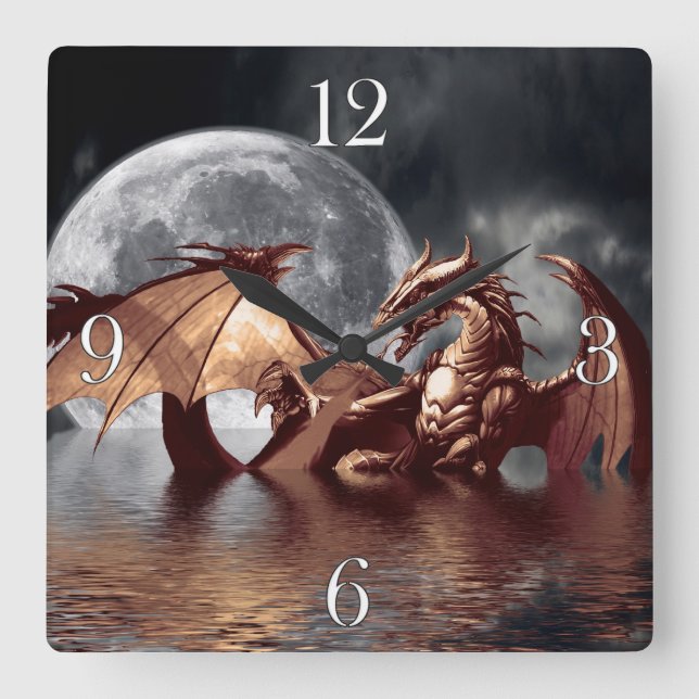 Horloge Carrée Dragon & Moon Fantasy Wall Clock (Recto)