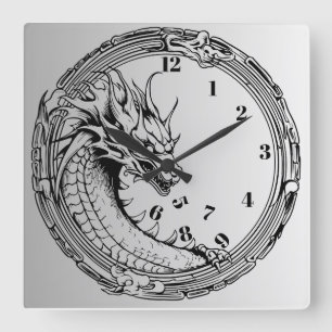 Horloge Carrée Dragon noir Manger l'horloge murale