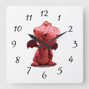 Horloge Carrée Dragon rouge ailé avec un sourire fou