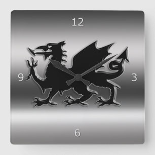 Horloge Carrée Dragon stylisé de Gallois de noir sur le