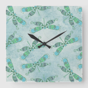 Horloge Carrée Dragonflies Boho en bleu