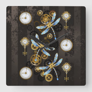 Horloge Carrée Dragonflies de Steampunk sur arrière - plan rayé