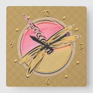 Horloge Carrée Dragonfly Art en rose et or