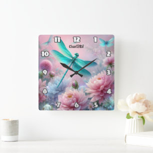 Horloge Carrée Dragonfly Dreams : Floral, Ethereal, Pastel