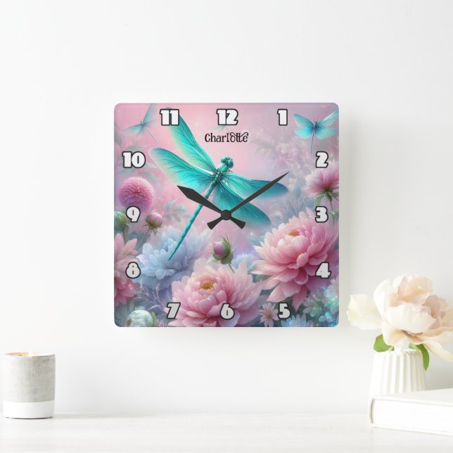 Horloge Carrée Dragonfly Dreams : Floral, Ethereal, Pastel (Maison)
