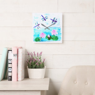 Horloge Carrée Dragonfly Eau Lily Peinture Nature