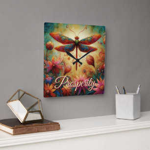 Horloge Carrée Dragonfly lunaire Floral Art Abstrait Prospérité