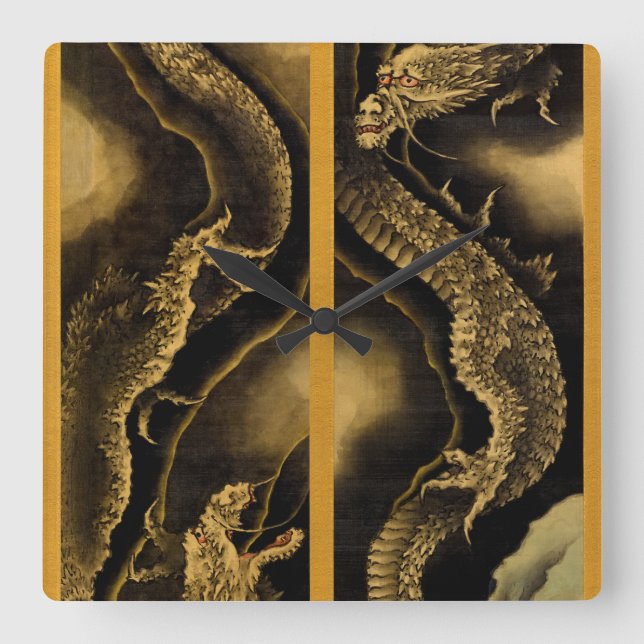 Horloge Carrée Dragons descendant et ascendant par Hokusai (Recto)