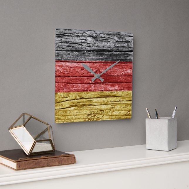 Horloge Carrée drapeau allemand en bois (Bureau)