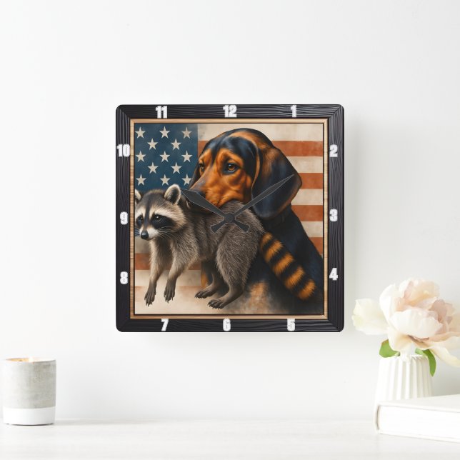 Horloge Carrée Drapeau américain beagle Raccoon (Maison)