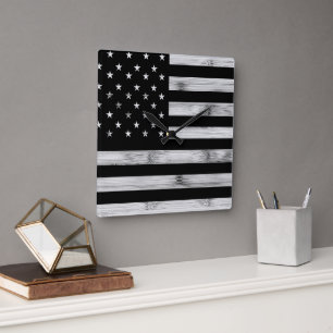 Horloge Carrée Drapeau américain Bois rustique Noir Blanc Patriot