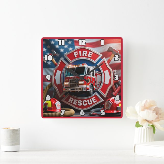 Horloge Carrée Drapeau américain de la vaillance des pompiers (Maison)