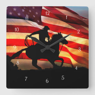 Horloge Carrée Drapeau américain Roping Cowboy et Horse