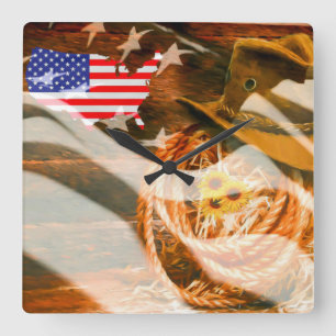 Horloge Carrée Drapeau américain Sunrays Cowboy Casquette Lasso