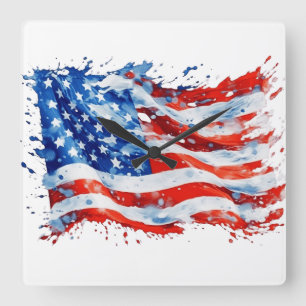Horloge Carrée Drapeau américain USA Aquarelle 4 juillet