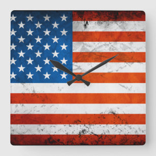 Horloge Carrée Drapeau américain vintage et affligé