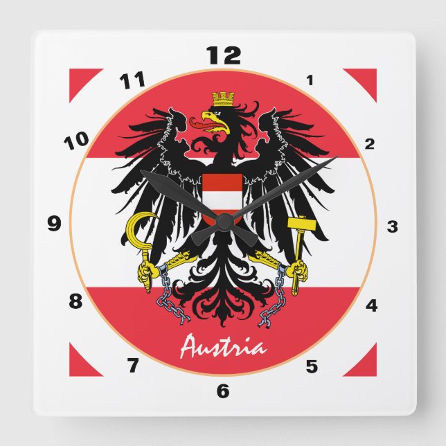 Horloge Carrée Drapeau autrichien, Aigle et Autriche, mode/design (Recto)