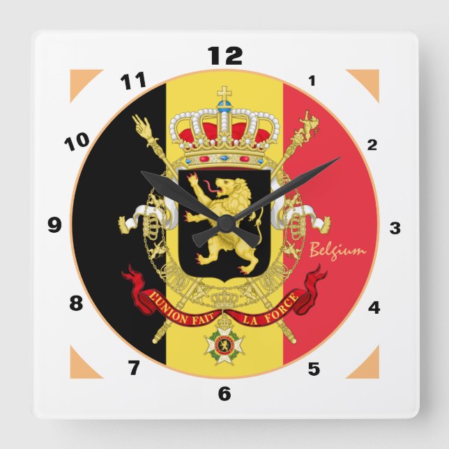 Horloge Carrée Drapeau belge, Emblem & mode tendance Belgique (Recto)