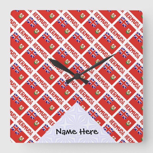 Horloge Carrée Drapeau bermudien personnalisé avec nom (Recto)