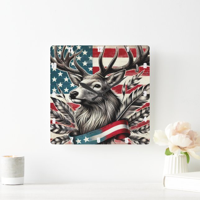 Horloge Carrée Drapeau de cerf majestueux mystique (Maison)
