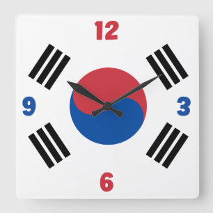 Horloge Carrée Drapeau de Corée du Sud Rouge Bleu Blanc Chiffres 