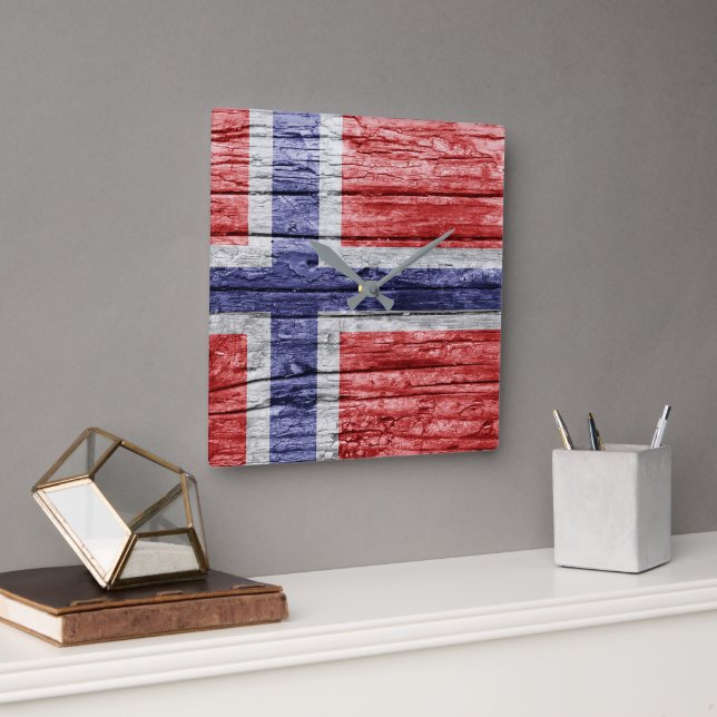 Horloge Carrée Drapeau en bois de Norvège (Bureau)