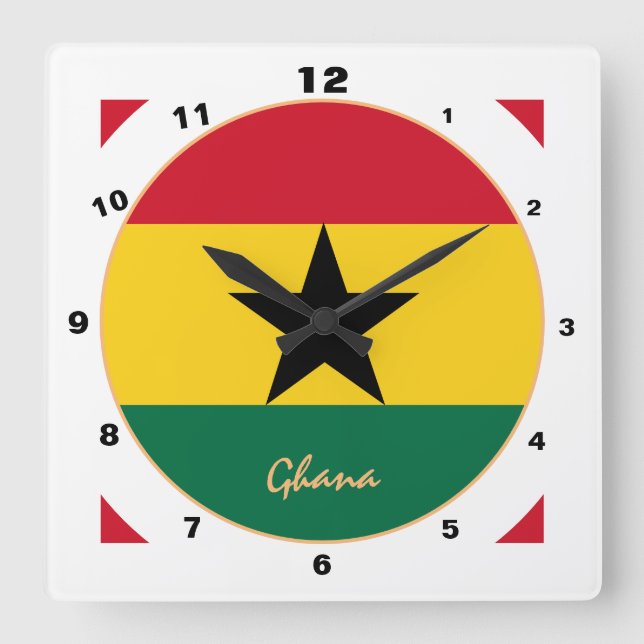 Horloge Carrée Drapeau ghanéen moderne, Ghana Accueil / design (Recto)