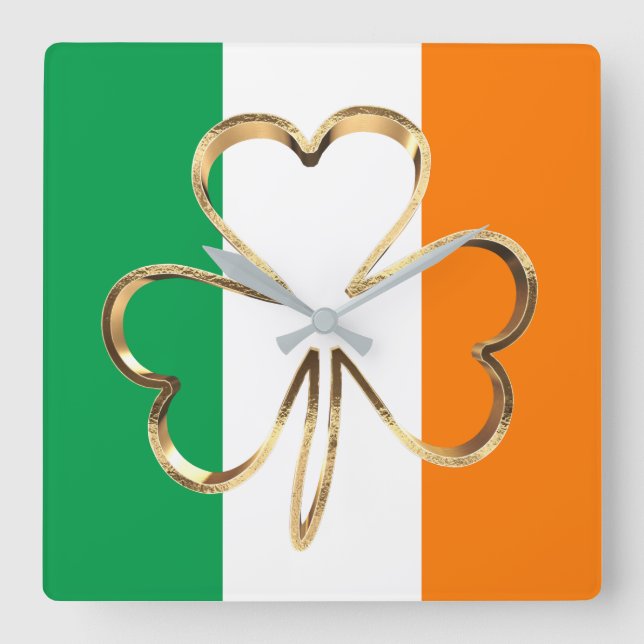 Horloge Carrée Drapeau irlandais de Shamrock de Faux Gold (Recto)