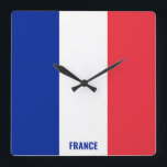 Horloge Carrée Drapeau national de la France Patriotique<br><div class="desc">Horloge carrée murale Drapeau national de la France avec le drapeau du pays dans les couleurs nationales imprimées sur toute l'horloge. Le nom du pays est subtilement intégré dans le design en bas. Le texte est entièrement personnalisable à l'aide de la fonction "Personnalisez-le !". Cette conception charmante est le cadeau...</div>