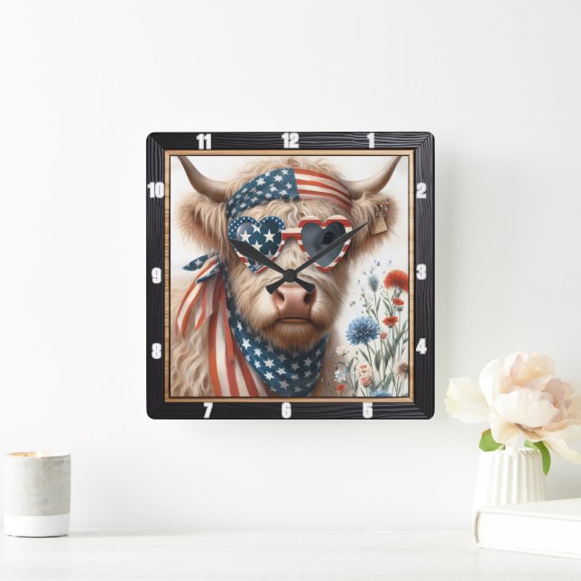 Horloge Carrée Drapeau Patriotique Highland Cow USA (Maison)