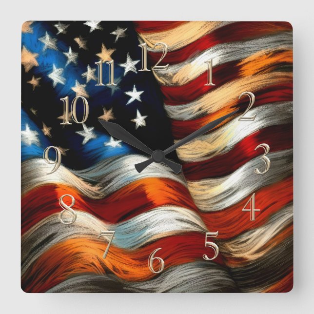 Horloge Carrée Drapeau Patriotique USA Dur Pastel (Recto)