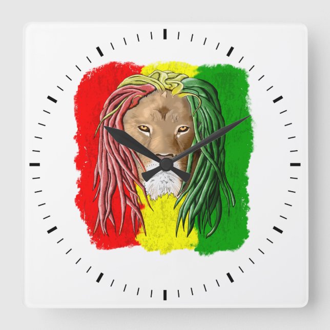 Horloge Carrée Drapeau Reggae Jamaïcain Rasta Lion (Recto)