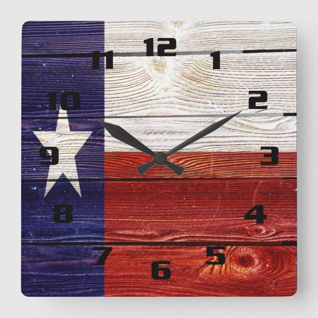 Horloge Carrée Drapeau rustique du Texas sur texture de bois impr (Recto)