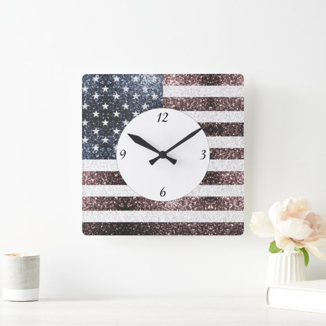 Horloge Carrée Drapeau rustique rouge blanc bleu étincelant USA (Maison)