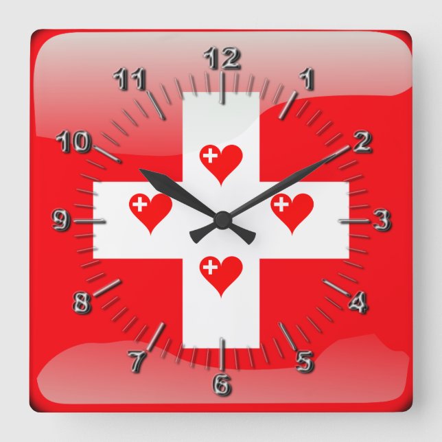 Horloge Carrée Drapeau suisse brillant (Recto)