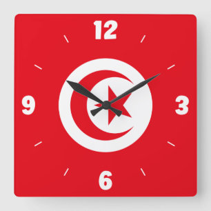 Horloge Carrée Drapeau tunisien Rouge Blanc Croissant Étoile Numé