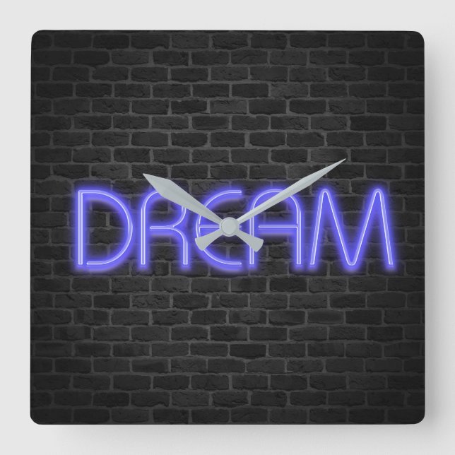 Horloge Carrée DREAM text in neon lights on brick Square Wall Clo (Recto)